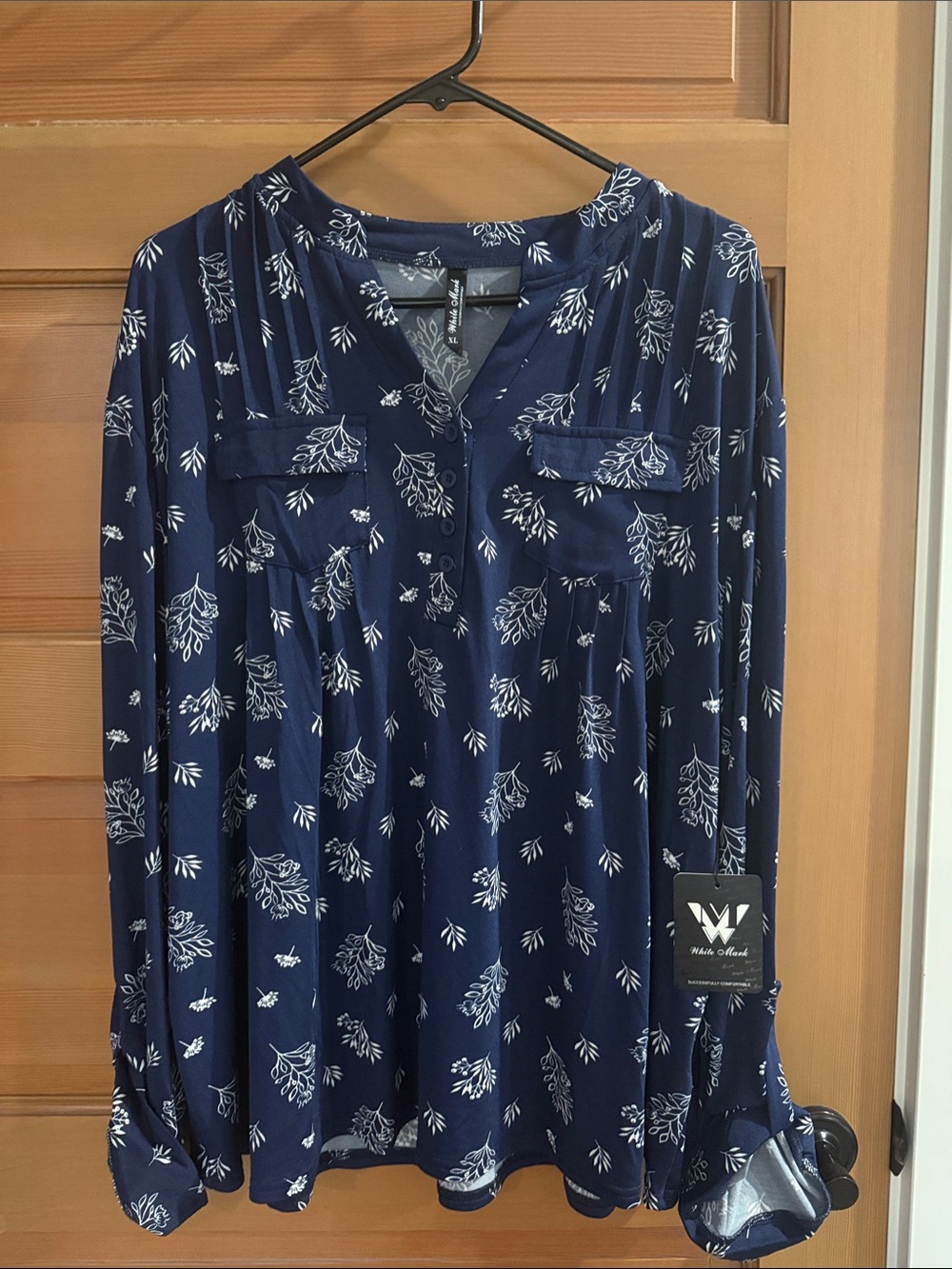 White Mark Navy Floral Long Sleeve Blouse